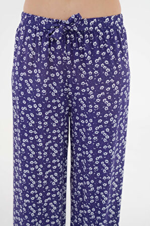 Lacivert Beli Lastikli Bağlamalı Bol Paça Dokuma Pantolon