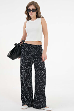 Siyah desenli Beli Lastikli Bağlamalı Bol Paça Dokuma Pantolon
