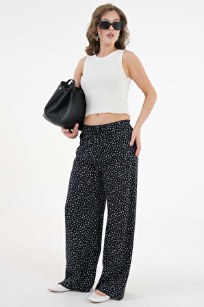 Siyah desenli Beli Lastikli Bağlamalı Bol Paça Dokuma Pantolon