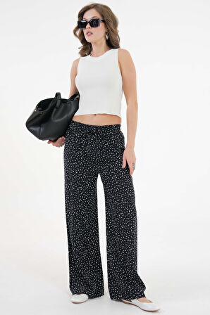 Siyah desenli Beli Lastikli Bağlamalı Bol Paça Dokuma Pantolon