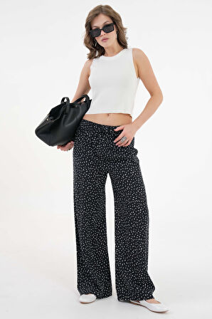 Siyah desenli Beli Lastikli Bağlamalı Bol Paça Dokuma Pantolon