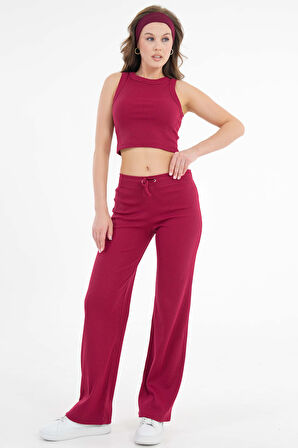 Bordo Atlet Form Yuvarlak Yaka Fitilli Örme Crop Bluz