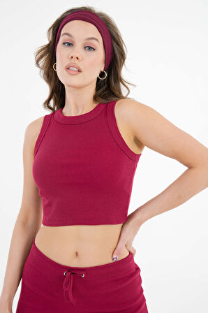 Bordo Atlet Form Yuvarlak Yaka Fitilli Örme Crop Bluz