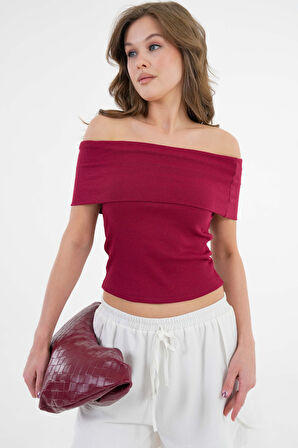 Bordo Madonna Yaka Omzu Açık Fitilli Örme Crop Bluz
