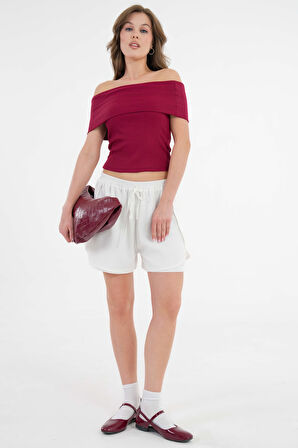 Bordo Madonna Yaka Omzu Açık Fitilli Örme Crop Bluz
