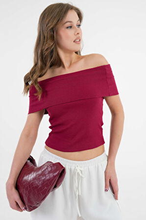 Bordo Madonna Yaka Omzu Açık Fitilli Örme Crop Bluz