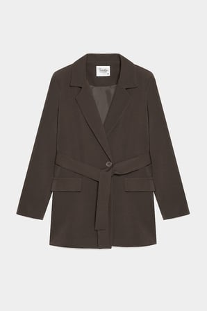 Acı Kahverengi Kadın Tek Düğmeli Dokuma Kruvaze Blazer Ceket - Kuşaklı