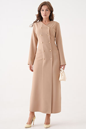 Vizon Düğmeli Dokuma Kumaş Elbise