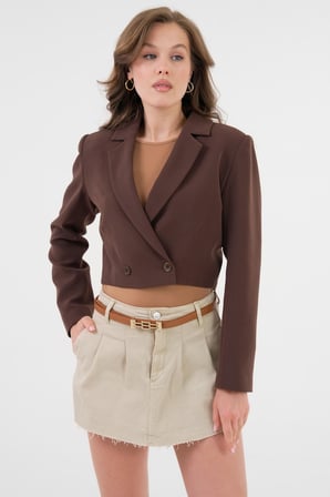 Acı Kahverengi Kruvaze Crop Blazer Ceket