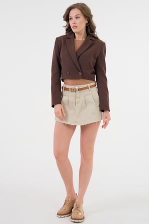 Acı Kahverengi Kruvaze Crop Blazer Ceket