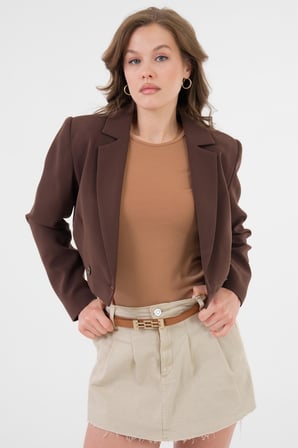 Acı Kahverengi Kruvaze Crop Blazer Ceket