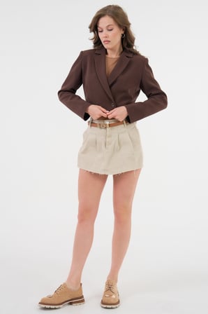 Acı Kahverengi Kruvaze Crop Blazer Ceket