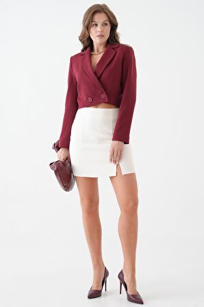 Bordo Kruvaze Crop Blazer Ceket