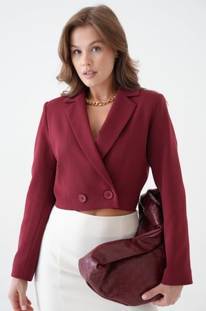 Bordo Kruvaze Crop Blazer Ceket