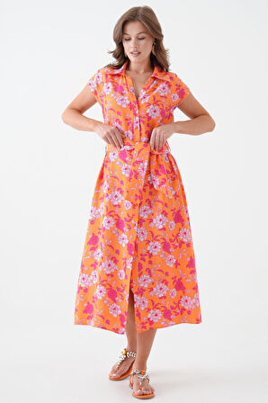 Turuncu Sıfır Kol Kuşaklı Dokuma Elbise