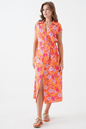 Turuncu Sıfır Kol Kuşaklı Dokuma Elbise