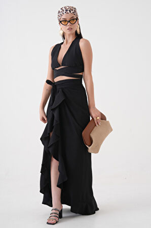 Siyah Maxi Boy Dokuma Volanlı Plaj Eteği