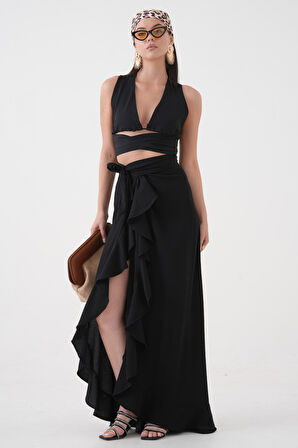 Siyah Maxi Boy Dokuma Volanlı Plaj Eteği