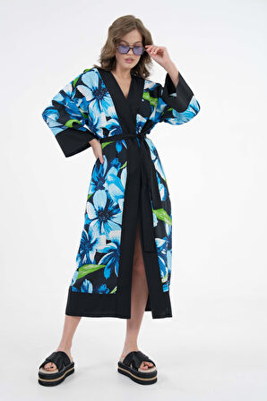 Mavi Desenli Maxi Dokuma Kimono