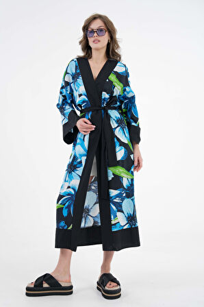 Mavi Desenli Maxi Dokuma Kimono