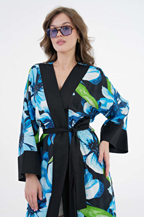 Mavi Desenli Maxi Dokuma Kimono