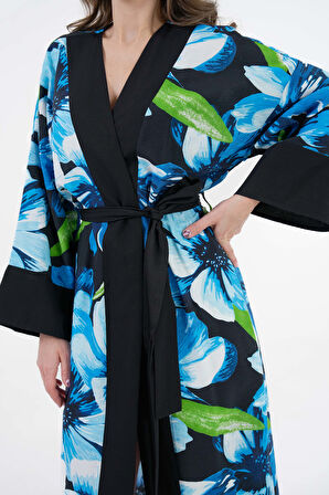 Mavi Desenli Maxi Dokuma Kimono