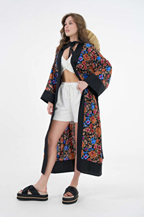 Kahverengi Desenli Maxi Dokuma Kimono