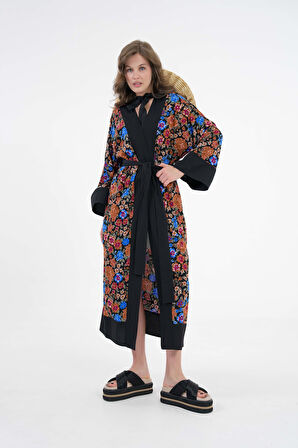 Kahverengi Desenli Maxi Dokuma Kimono