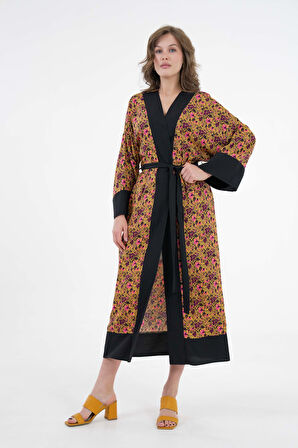 Sarı Desenli Maxi Dokuma Kimono