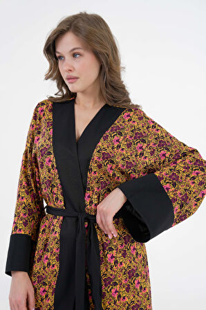 Sarı Desenli Maxi Dokuma Kimono