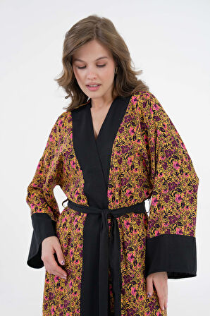 Sarı Desenli Maxi Dokuma Kimono