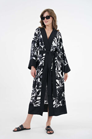 Beyaz Desenli Desenli Maxi Dokuma Kimono