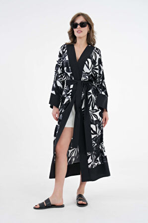 Beyaz Desenli Desenli Maxi Dokuma Kimono