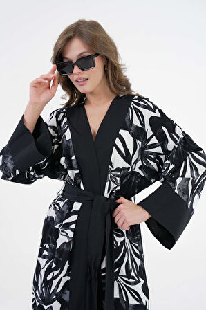 Beyaz Desenli Desenli Maxi Dokuma Kimono