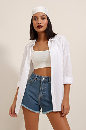 Beyaz Oversize Uzun Basic Dokuma Gömlek