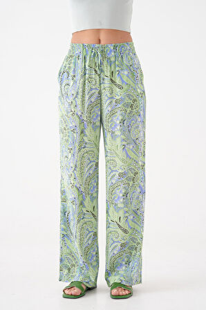 Yeşil - 38 Kadın Yüksek Bel Dökümlü Viskon Bol Paça Yazlık Pantolon - Beli Lastikli