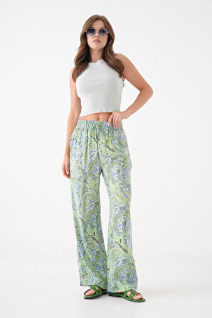 Yeşil - 38 Kadın Yüksek Bel Dökümlü Viskon Bol Paça Yazlık Pantolon - Beli Lastikli