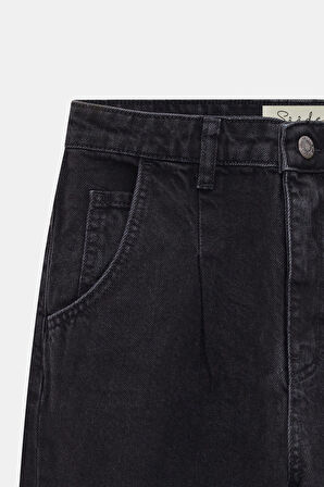 Siyah - 40 Kadın Yüksek Bel Relaxed Fit Mom Jean Pantolon - Pileli