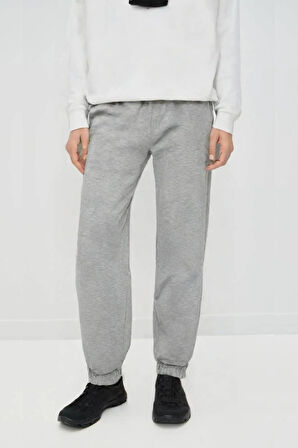 Gri - L Kadın Standart Fit Beli ve Paçası Lastikli Basic Jogger Eşofman Altı - 3 İplik