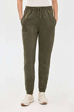 Haki - S Kadın Standart Fit Beli ve Paçası Lastikli Basic Jogger Eşofman Altı - 3 İplik