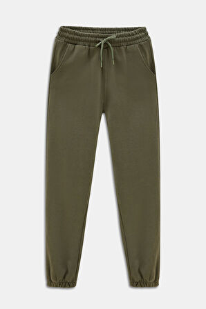 Haki - 2XL Kadın Standart Fit Beli ve Paçası Lastikli Basic Jogger Eşofman Altı - 3 İplik