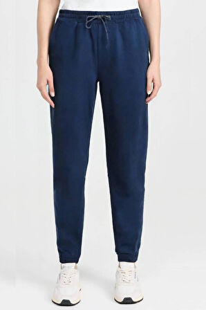 Lacivert - XL Kadın Standart Fit Beli ve Paçası Lastikli Basic Jogger Eşofman Altı - 3 İplik