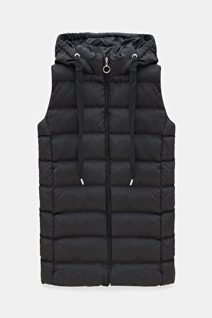 Siyah - L Kadın Regular Fit Dik Yaka Kapüşonlu Fermuarlı Cepli Şişme Yelek - Su Geçirmez