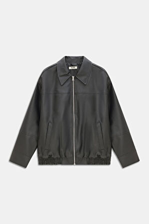 Siyah - M Kadın Relax Fit Gömlek Yaka Fermuarlı Cepli Düşük Omuz Suni Deri Bomber Ceket - Beli Elastikli