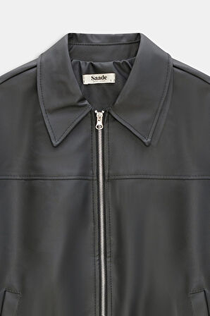 Siyah - M Kadın Relax Fit Gömlek Yaka Fermuarlı Cepli Düşük Omuz Suni Deri Bomber Ceket - Beli Elastikli