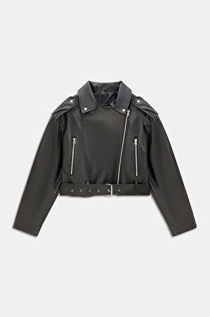 Siyah - S Kadın Relax Fit Gömlek Yaka Fermuarlı Cepli Kemerli Suni Deri Biker Crop Ceket