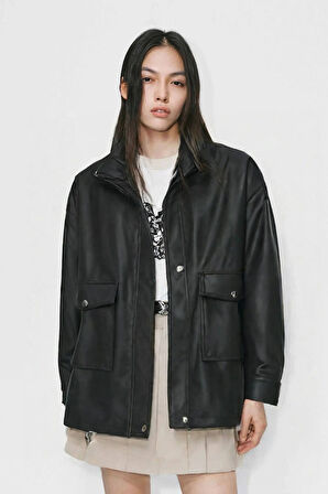 Siyah - S Kadın Relax Fit Dik Yaka Çıtçıtlı Fermuarlı Cepli  Suni Deri Bomber Ceket - Belden Ayarlanabilir