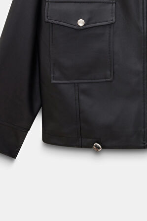 Siyah - M Kadın Relax Fit Dik Yaka Çıtçıtlı Fermuarlı Cepli  Suni Deri Bomber Ceket - Belden Ayarlanabilir