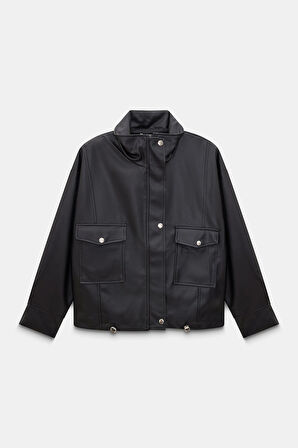 Siyah - L Kadın Relax Fit Dik Yaka Çıtçıtlı Fermuarlı Cepli  Suni Deri Bomber Ceket - Belden Ayarlanabilir