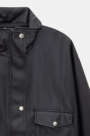 Siyah - L Kadın Relax Fit Dik Yaka Çıtçıtlı Fermuarlı Cepli  Suni Deri Bomber Ceket - Belden Ayarlanabilir